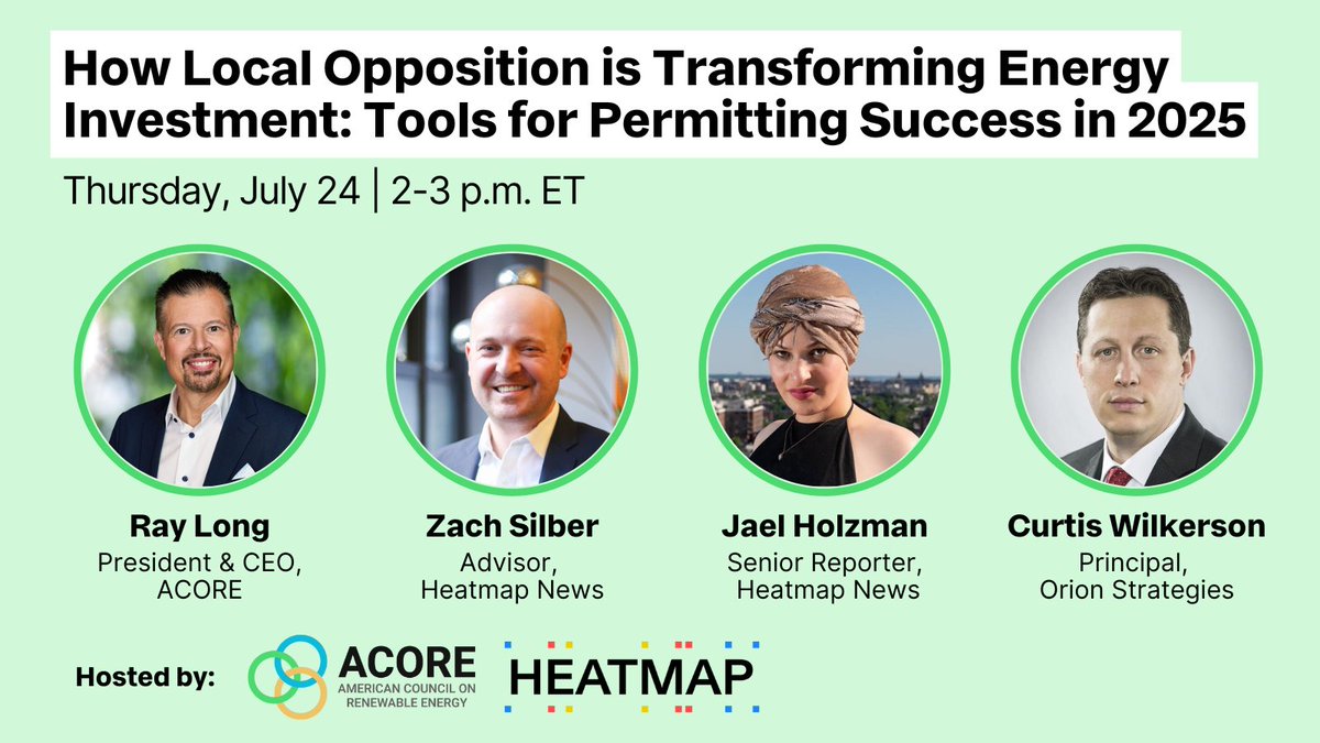 American Council on Renewable Energy (@acore) on Twitter photo Local dynamics are shaping the future of clean energy.
Tomorrow, ACORE and <a href="/HeatmapNews/">Heatmap News</a> are co-hosting a webinar on how permitting delays, land use debates, and community concerns are influencing energy investment nationwide.
👉 Register: acore.swoogo.com/ACOREwebinar Local dynamics are shaping the future of clean energy.
Tomorrow, ACORE and <a href="/HeatmapNews/">Heatmap News</a> are co-hosting a webinar on how permitting delays, land use debates, and community concerns are influencing energy investment nationwide.
👉 Register: acore.swoogo.com/ACOREwebinar