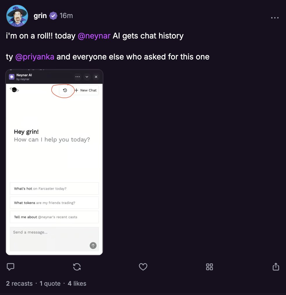 neynarxyz's tweet image. one of our biggest pieces of feedback - you can now view your neynar AI chat history!
