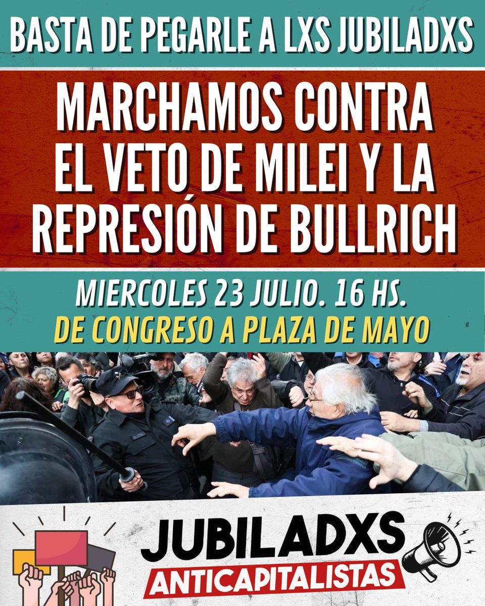 IzquierdaWeb's tweet image. ¡Basta de pegarle a los jubilados!
Marchamos contra el veto de Milei y la represión de Bullrich
Los Jubilados Anticapitalistas, de la Corriente sindical 18 de Diciembre, convocan a una nueva movilización de los jubilados contra el ajuste y la represión.
Es absolutamente…