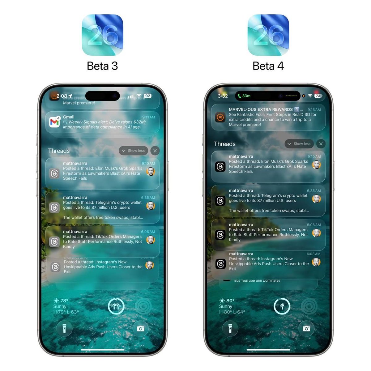AppleFarsii's tweet image. 🍏 بهبودهای نوتیفیکیشن در iOS 26 بتا ۴*

🔹 حالا وقتی تو صفحه قفل دارید نوتیفیکیشن‌ها رو اسکرول می‌کنید، پس‌زمینه کم‌نور میشه.
🔹 این تغییر باعث میشه نوتیفیکیشن‌ها بهتر دیده بشن و تجربه کاربری روان‌تری داشته باشید.

#iOS26 #Update #Notification #بتاز

🍏 @Applefarsiii 🍏