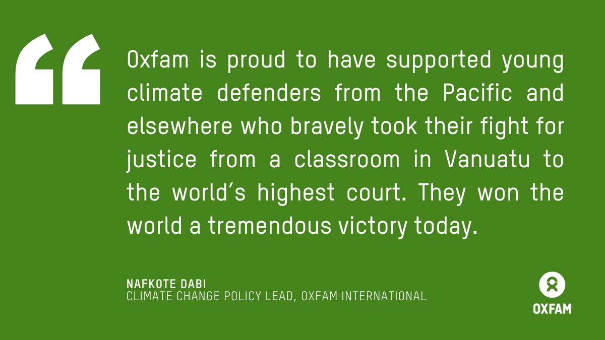 Oxfam's tweet image. BREAKING: The @CIJ_ICJ, the world's highest court, has ruled that states have legal duties to act on climate change and that inaction violates human rights.
This is a historic win for people & planet.
Polluters must cut their emissions. Fossil fuels must go. The era of impunity…