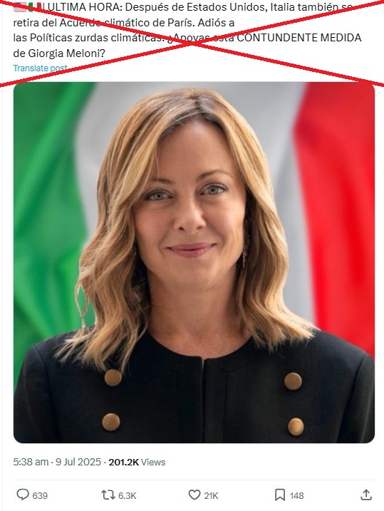 AfpFactual's tweet image. 🇮🇹🇺🇸 Más de 6.000 usuarios afirman que Italia se retiró del Acuerdo Climático de París detrás de Estados Unidos.
❌ Pero la medida no aparece en la web relativa a los tratados de la ONU y tampoco fue informada de forma oficial.
➡️ u.afp.com/ItaliaAcuerdo