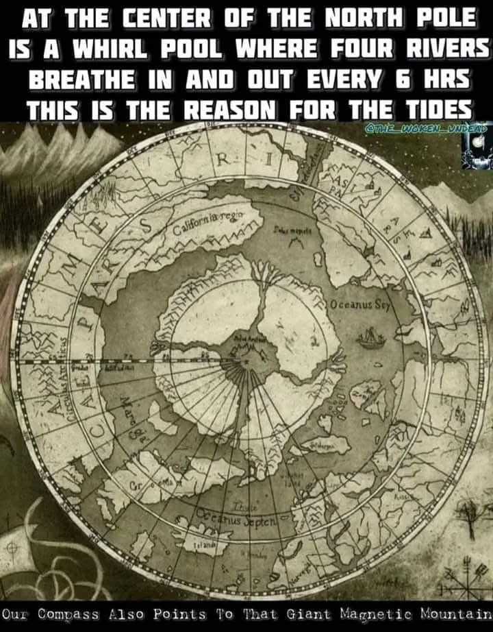 FlatEarthZone's tweet image. What if tides aren’t caused by lunar gravity… but by a powerful vortex at the center of our realm? Four rivers breathe in and out every six hours… just like the tides. And our compass? It points to the giant magnetic mountain in the middle.