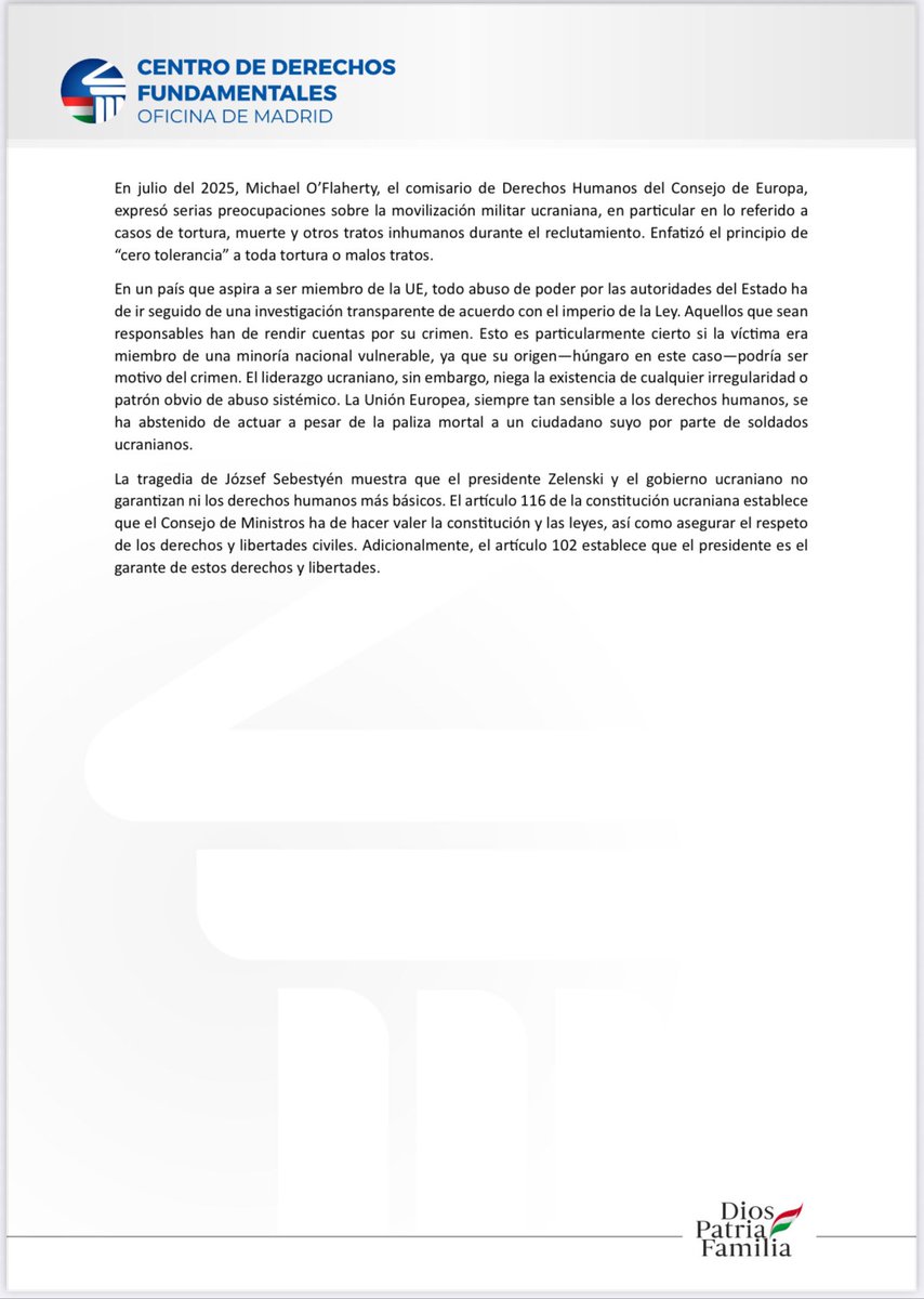 El_Centro_DF's tweet image. ‼️ Las brutales prácticas de reclutamiento forzoso de Ucrania apuntan a violaciones sistémicas de los derechos humanos, siendo la comunidad húngara de Transcarpacia una de las principales víctimas.
🗣️ Zelenski está forzando a la población de su país a servir en el frente a la…