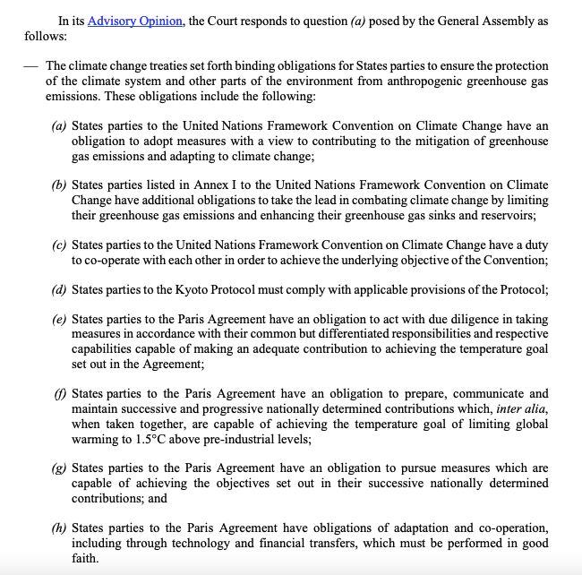#ICJ ruling on climate is out. 

In simple English, translates to "states have a legal obligation to mitigate &amp; adapt. Rich, historical emitters have greater obligations. States have an obligation to cooperate climate action. Equity matters w.r.t. achieving Paris Agreement goal."