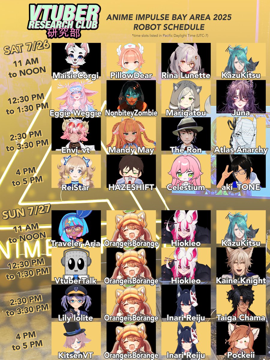 VTResearchClub's tweet image. Good Afternoon Everyone! We're happy to announce our Vtuber Robot Schedule for @animeimpulse!
We hope if you are attending you'll come say hello to all these amazing vtubers! #vtrc #vtuberresearchclub #vtresearchclub #animeimpulse