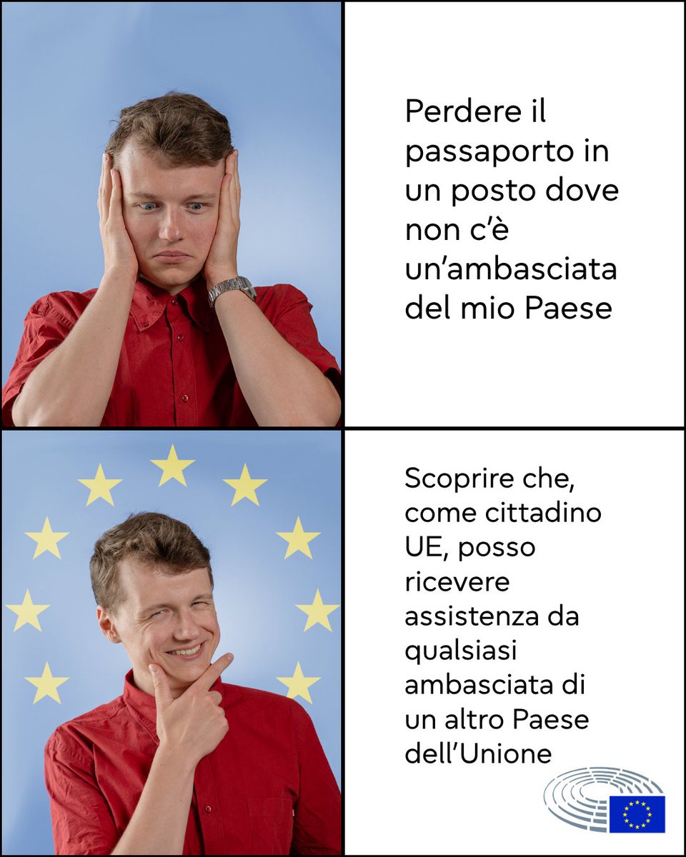 Europarl_IT's tweet image. ✈️ Sei in un Paese extra-UE e il tuo paese non ha un’ambasciata?
🇪🇺 Come cittadino UE hai diritto ad assistenza da qualsiasi ambasciata di un altro Stato membro.
🔐 Un diritto garantito dai Trattati e sostenuto dal Parlamento europeo.