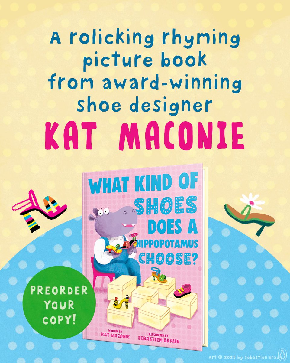 penguinkids's tweet photo. Coming Soon: What Kind of Shoes Does a Hippopotamus Choose? by @KatMaconie &amp; illustrated by Sebastien Braun

From award-winning shoe designer Kat Maconie comes a rollicking rhyming tale about many critters and the numerous shoes they wear.

On Sale 8/5 🚨 https://t.co/cSYvYjpb8e