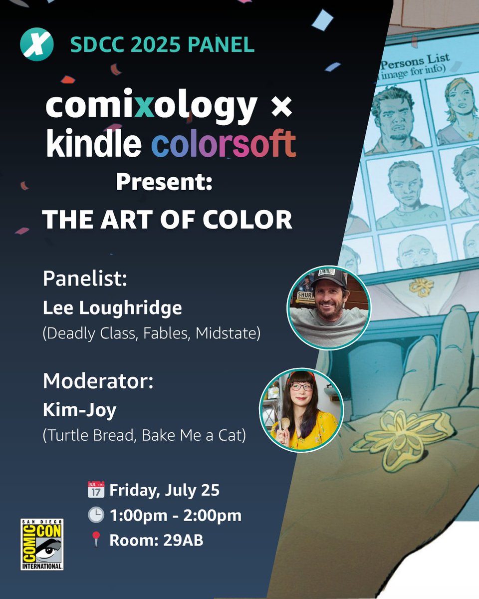 Comixology's tweet image. Get ready for The Art of Color panel at #SDCC2025! 🎨 @kimjoyskitchen & Lee Loughridge explore how color transforms comics—plus, a chance to win a Kindle Colorsoft!