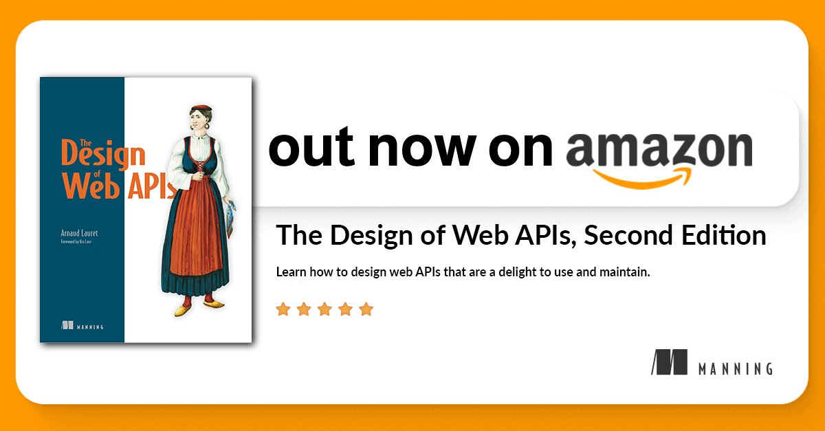 ManningBooks's tweet image. Got the OG edition of The Design of Web APIs?
@medjawii (founder of apidays conferences) calls @apihandyman’s 2nd edition “...a completely new book. More depth, more details, more wisdom on API design.”
Find it on Amazon: hubs.la/Q03ynkx_0