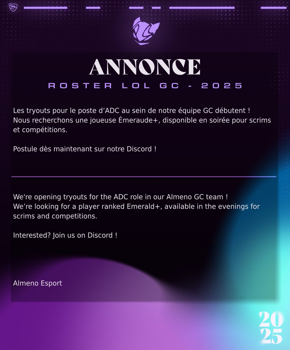 🚨ANNONCE🚨

Discord : discord.gg/ZHFWySaKjh

Pour + de questions : <a href="/laxrabelova/">KC lau’🍉</a> 

#AOEWIN💜💙