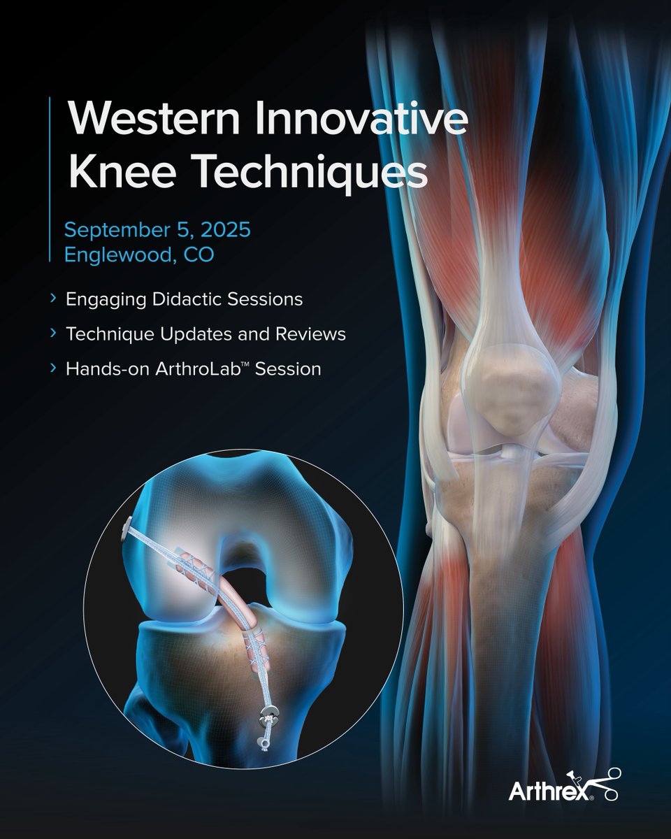 ArthrexMedEd's tweet image. Join us on Friday, September 5, 2025, in Englewood, Colorado, for our Western Innovative Knee Techniques course! Led by expert faculty, attendees will explore the latest techniques and science-backed advancements in sports medicine knee techniques.
View agenda and register now:…