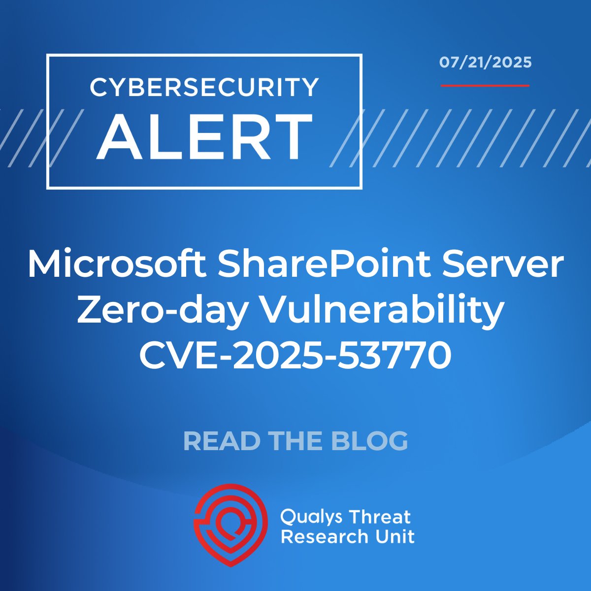 qualys's tweet image. .@MsftSecIntel released patches for CVE-2025-53770, a SharePoint Server vulnerability exploited in a large-scale campaign. Successful exploitation may allow remote attackers to execute arbitrary code. More info & mitigation steps here: bit.ly/40zj65k
#ThreatProtection