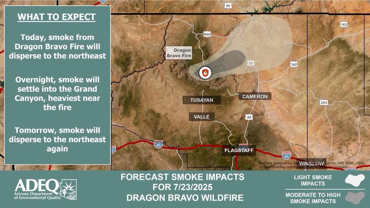 ArizonaDEQ's tweet image. 🚨ADEQ has UPDATED the #DragonBravo Wildfire Smoke Forecast.
See how #smoke is affecting your local community: #Tusayan #Cameron #Valle #Flagstaff 🔥
Learn More ➡️ azdeq.gov/wildfire/forec…
#AZFire #AZWildfire