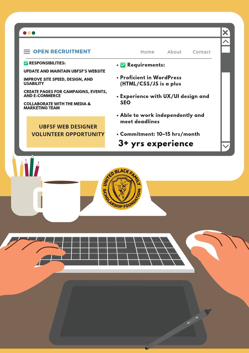 United Black Family Scholarship Foundation (@ubfsforg) on Twitter photo 🚨 UBFSF is seeking a Volunteer Web Designer!
✅ WordPress, UX/UI, SEO
⏰ 10–15 hrs/mo | 3+ yrs experience
💻 Help us build change from the inside out!
📩 news@ubfsf.org
#Volunteer #WebDesign #UBFSF 🚨 UBFSF is seeking a Volunteer Web Designer!
✅ WordPress, UX/UI, SEO
⏰ 10–15 hrs/mo | 3+ yrs experience
💻 Help us build change from the inside out!
📩 news@ubfsf.org
#Volunteer #WebDesign #UBFSF