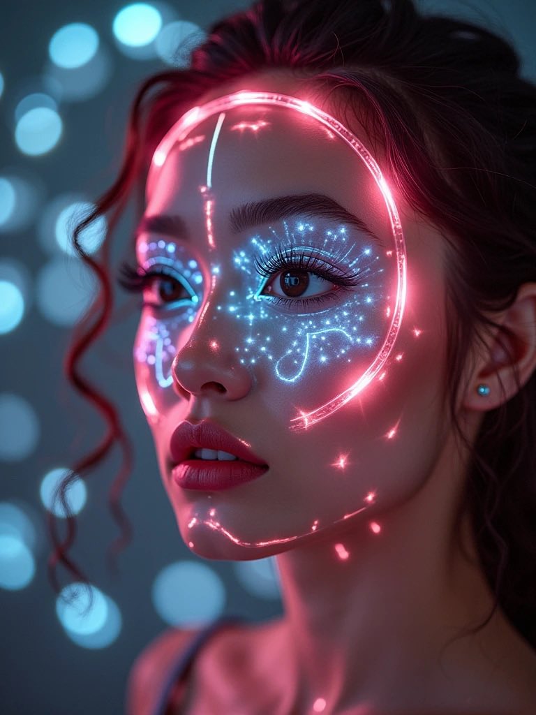 Loon26's tweet image. Lightglow facepaint. 
#AIartists #AIArtistCommunity #Ai #AIArtwork #AIArtGallery #light #glow #face #surrealart #3D #design #INSTAGRAM #classic #cool #portrait