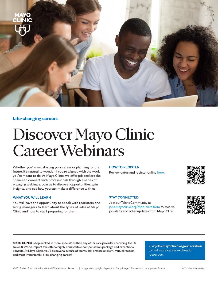 CareerSourceNEF's tweet image. Making a Difference: Social Work and Psychology Careers at Mayo Clinic 
August 14, 2025 at 2:00pm
Register: mc-meet.zoom.us/webinar/regist…
This session is designed for individuals passionate about making a positive impact on people&apos;s lives through careers in social work and psychology.
