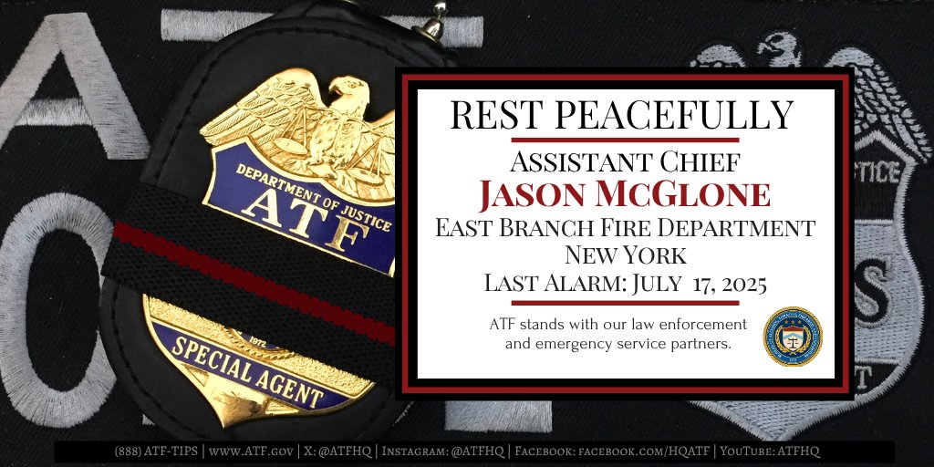 ATFHQ's tweet image. Our deep sympathies are with the East Branch Fire Department, family and friends of Assistant Chief Jason McGlone, who was killed when his fire truck became entangled with electrical wires at a crash scene. He served as a volunteer for 25 years. #LODD #LastAlarm @ATFNewYork