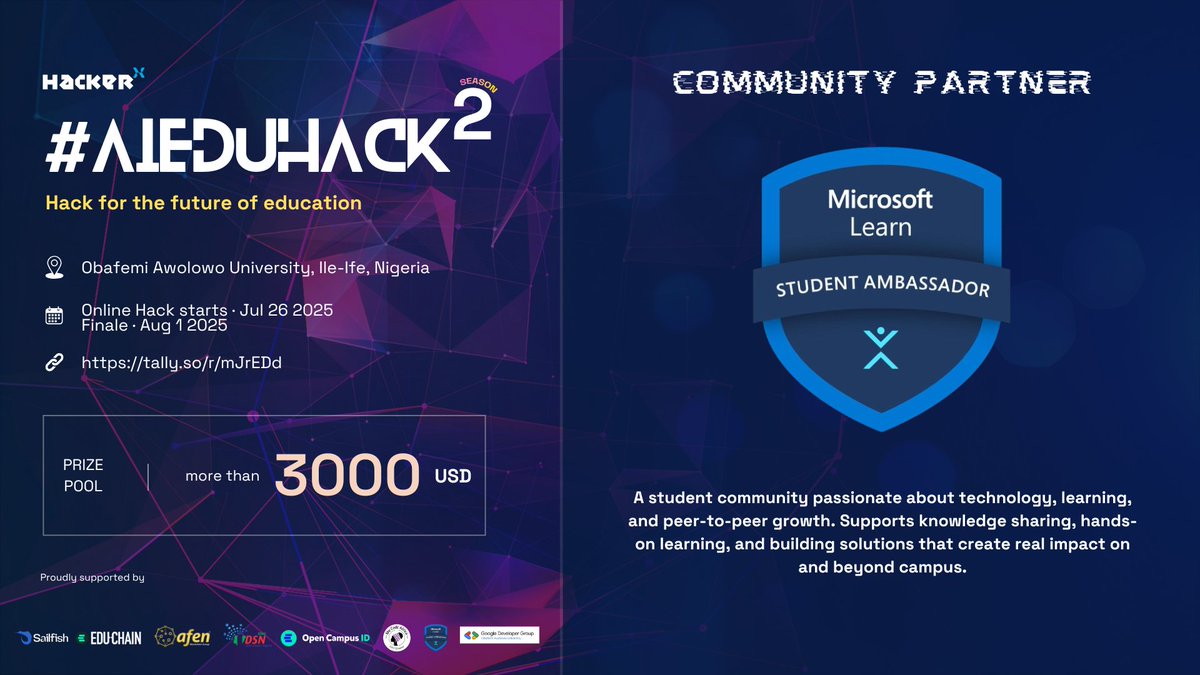 hackerxafrica's tweet image. HackerX 🤝 @mlsaoau  

Welcome to Microsoft Learn Student Ambassadors OAU, a passionate student community focused on building and sharing tech knowledge.

Excited to have them join AI EduHack 2025.

#AIEduHack

Let&apos;s go 🔥
dorahacks.io/hackathon/ai-e…