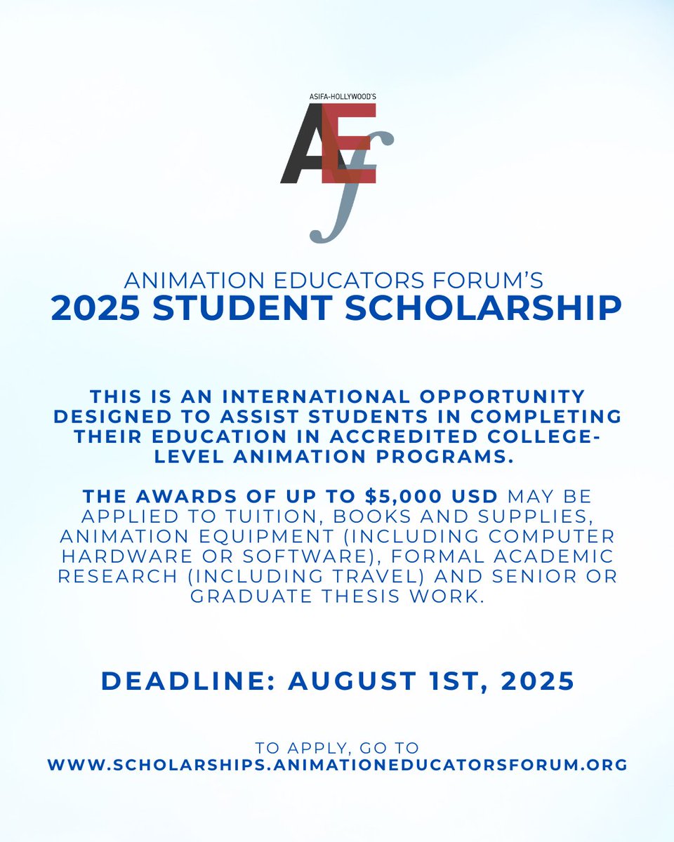 ASIFAHollywood's tweet image. The ASIFA-Hollywood Animation Educators Forum (AEF) application site for the 2025 Student Scholarship program is open for submissions!
To apply, visit …olarships.animationeducatorsforum.org
#aefstudentscholarship #asifahollywood