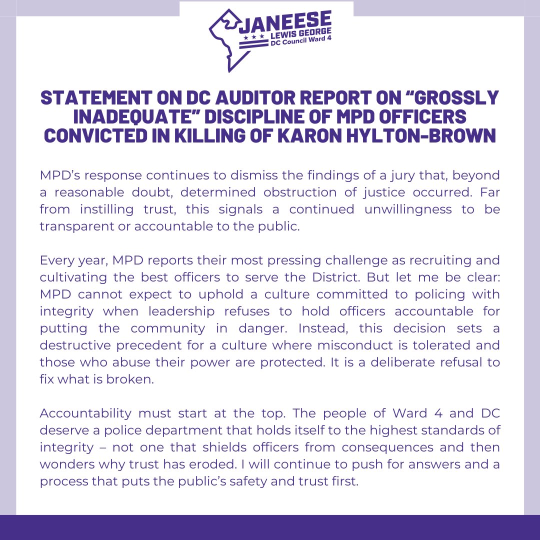 CMLewisGeorgeW4's tweet image. My statement on @ODCA_DC’s report on the “Grossly Inadequate” discipline of the MPD officers convicted in the killing of Karon Hylton-Brown: