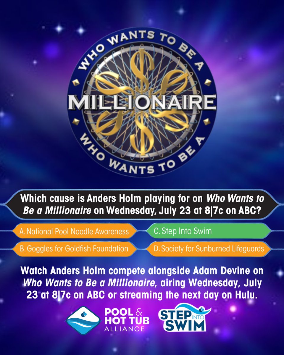 Step Into Swim (@stepintoswim) on Twitter photo đź’ˇ Anders Holm (<a href="/ders808/">Anders Holm</a>) is playing for Step Into Swim on <a href="/MillionaireTV/">Millionaire TV</a> with Adam Devine (<a href="/ADAMDEVINE/">ADAMDEVINE</a>) by his side!
📺 Tune in Wed, July 23 at 8|7c on ABC or stream on Hulu next day.
We are cheering for both of you! We can also be your "Phone a Friend" if you need us. đź’ˇ Anders Holm (<a href="/ders808/">Anders Holm</a>) is playing for Step Into Swim on <a href="/MillionaireTV/">Millionaire TV</a> with Adam Devine (<a href="/ADAMDEVINE/">ADAMDEVINE</a>) by his side!
📺 Tune in Wed, July 23 at 8|7c on ABC or stream on Hulu next day.
We are cheering for both of you! We can also be your "Phone a Friend" if you need us.