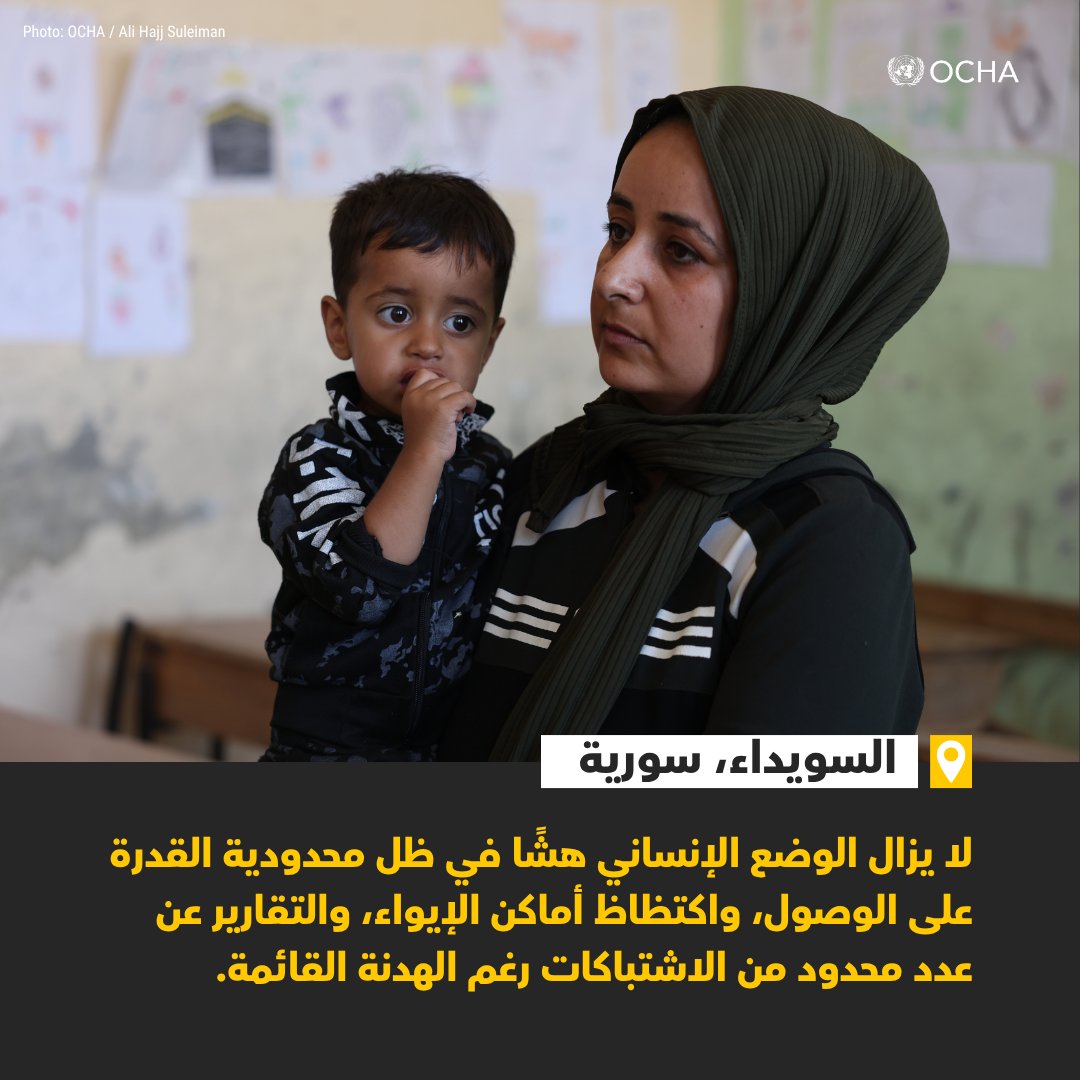 التحديث العاجل رقم 3 حول الوضع الإنساني في #السويداء 
📌 أكثر من 145,600 نازح، معظمهم في السويداء ودرعا وريف دمشق.
  🚱 لا يزال نطاق الوصول إلى الكهرباء والمياه والغذاء محدوداً للغاية. 
 🤝 يعمل الشركاء الإنسانيون على توسيع نطاق الاستجابة رغم التحديات
🔗tinyurl.com/33rt4574