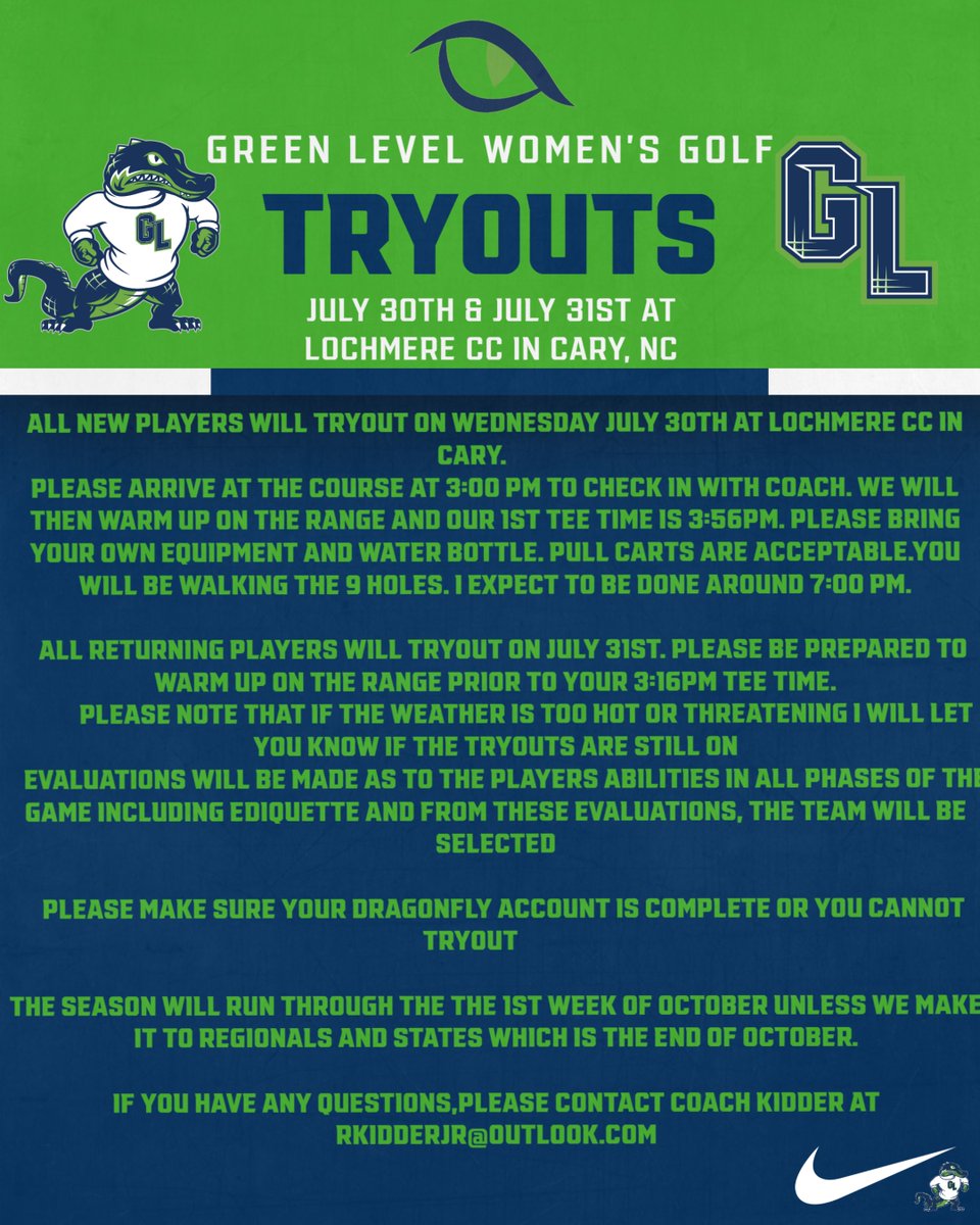Reminder: One week until Tryouts for the 2025 Green Level Women's Golf Team. If you want to try out it is critical that you have a completed Dragonfly account. Please see below for further details:
