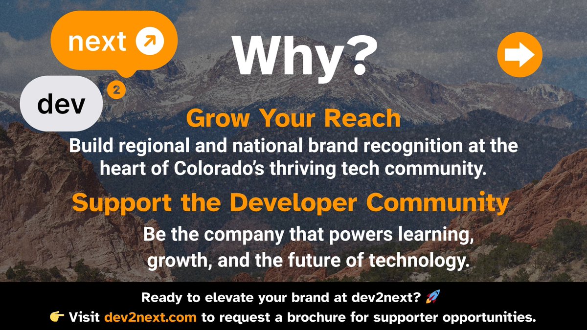 dev2next's tweet image. Looking to grow your brand, connect with developers, and make an impact? Here's why you should support dev2next 2025 this Fall! 🙌
Request a brochure here- dev2next.com/supporters
🎟️ Get tickets- dev2next.com
📅 September 29- October 2 Colorado Springs