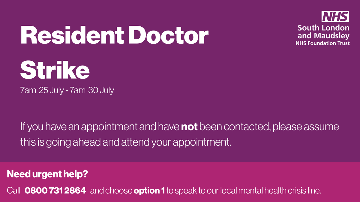 MaudsleyNHS's tweet image. 💜Resident Doctor Strike. Need urgent help for your mental health? Call 0800 731 2864 and choose option 1 to speak to our local mental health crisis line.
Crisis Support: ow.ly/f3Ul50Wu0VZ
Find out more about the Resident Doctor Strike here: ow.ly/nQqI50Wu2Q8