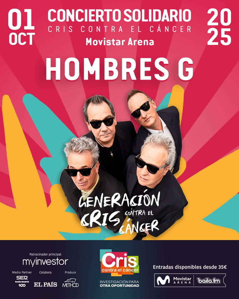 Hombres G Oficial (@hombresg) on Twitter photo El 01 de octubre estaremos en Madrid en el <a href="/MovistarArenaEs/">Movistar Arena España</a> en un concierto muy especial.
Nos unimos a grandes amigos para apoyar a <a href="/criscancer/">CRIS contra el cáncer</a> , será una noche solidaria, llena de música.
Nos encantaría veros allí. No faltéis. ¡Os esperamos! 😘
criscancer.org/concierto-soli… El 01 de octubre estaremos en Madrid en el <a href="/MovistarArenaEs/">Movistar Arena España</a> en un concierto muy especial.
Nos unimos a grandes amigos para apoyar a <a href="/criscancer/">CRIS contra el cáncer</a> , será una noche solidaria, llena de música.
Nos encantaría veros allí. No faltéis. ¡Os esperamos! 😘
criscancer.org/concierto-soli…