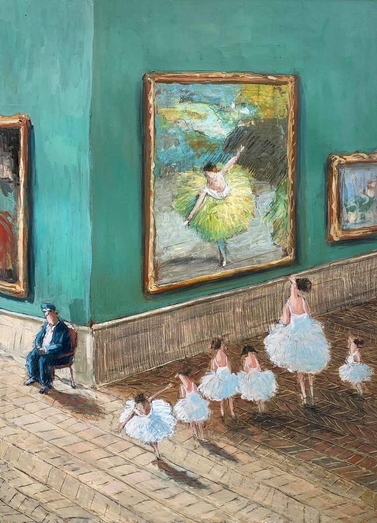 HWarlow's tweet image. Super cute painting by
Thomas Bossard French artist ( Poitiers)
Love this, the teacher has brought her little tutu wearing ballet class to see a masterpiece by Edgar Degas (1834-1917)