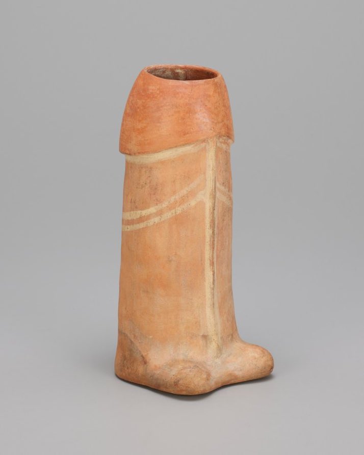 Ceramic jar shaped as a phallus, created by the Moche culture, Peru, dating between 100 BCE and 500 CE