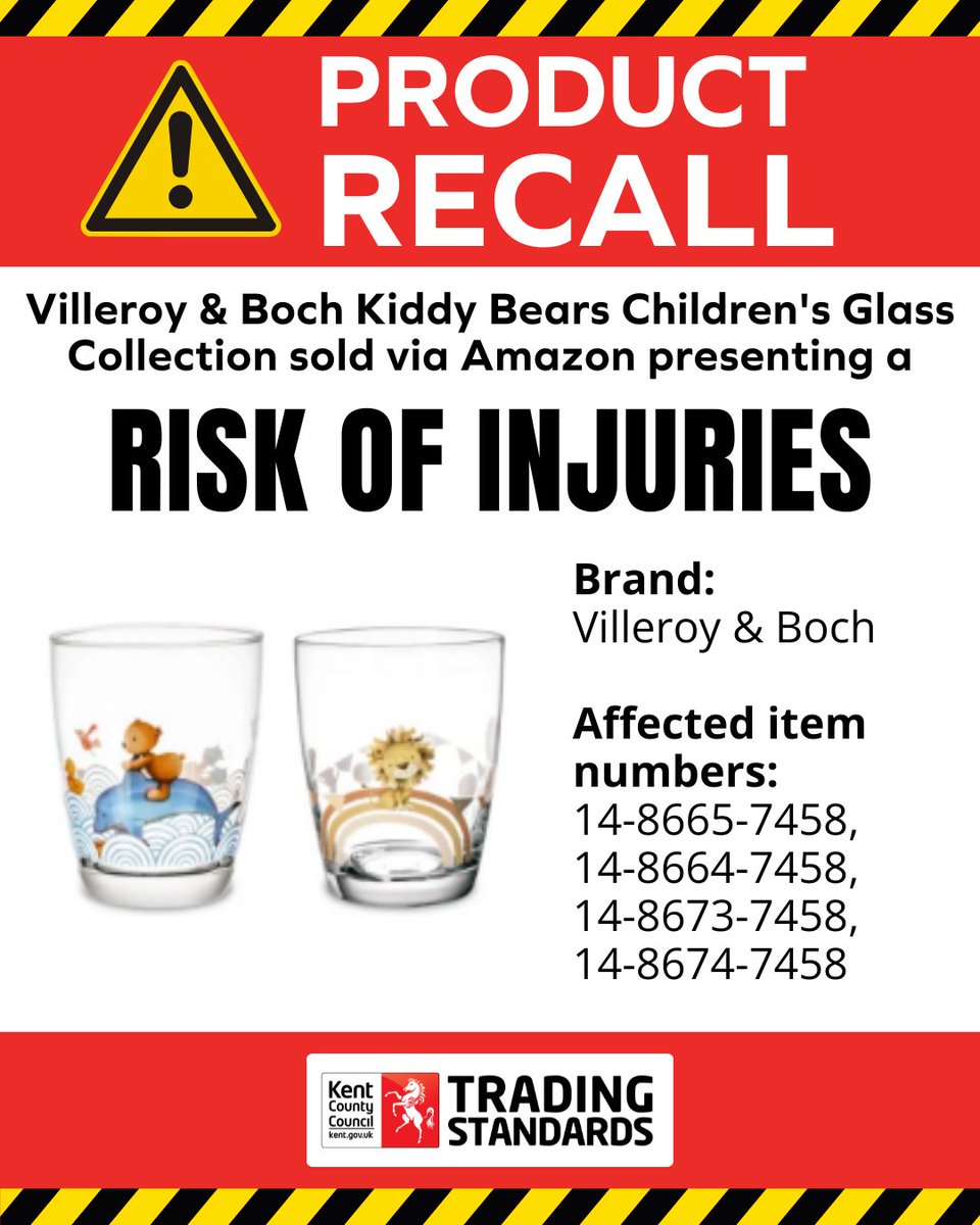 #ProductRecall ⚠️ Villeroy &amp; Boch Kiddy Bears Children's Glass Collection sold via Amazon presenting a risk of injuries.

🔴Product Details
Brand: Villeroy &amp; Boch
Affected item numbers: 14-8665-7458, 14-8664-7458, 14-8673-7458, 14-8674-7458
Product names: Hungry as a Bear, Happy