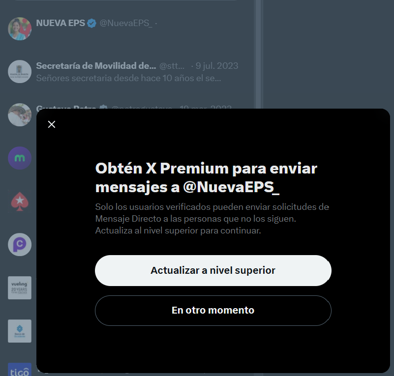 Hanzeta's tweet photo. @NuevaEPS_ @petrogustavo @ministeriosalud @PGN_COL y como les puedo mandar un DM si ustedes los tienes restringido solo para cuentas premium?? https://t.co/7CwE9V1ikn