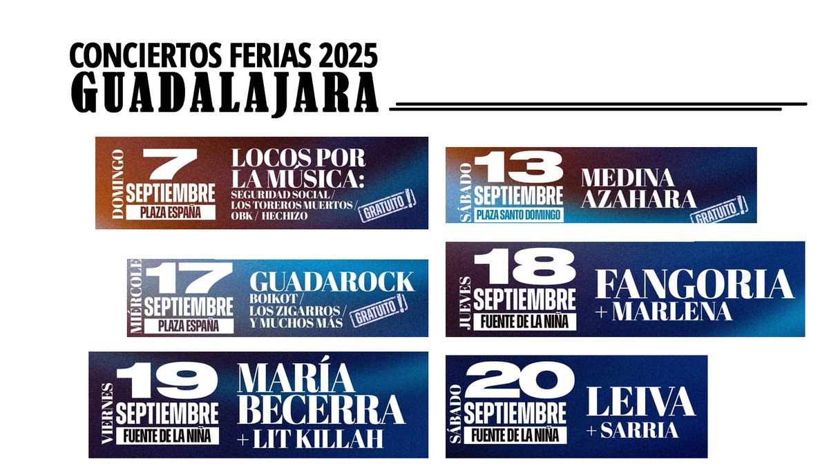 🎉 ¡Los conciertos de las Ferias de Guadalajara 2025 ya están aquí! 🎶

🎤 Fangoria | 18 sept
🎤 María Becerra | 19 sept
🎤 Leiva | 20 sept

#FeriasGuadalajara2025 #ConciertosGuadalajara #GuadalajaraEnFiestas  #HotelGuadalajara #hotelguadalajaraconferencecenter #AffiliatedByMelia