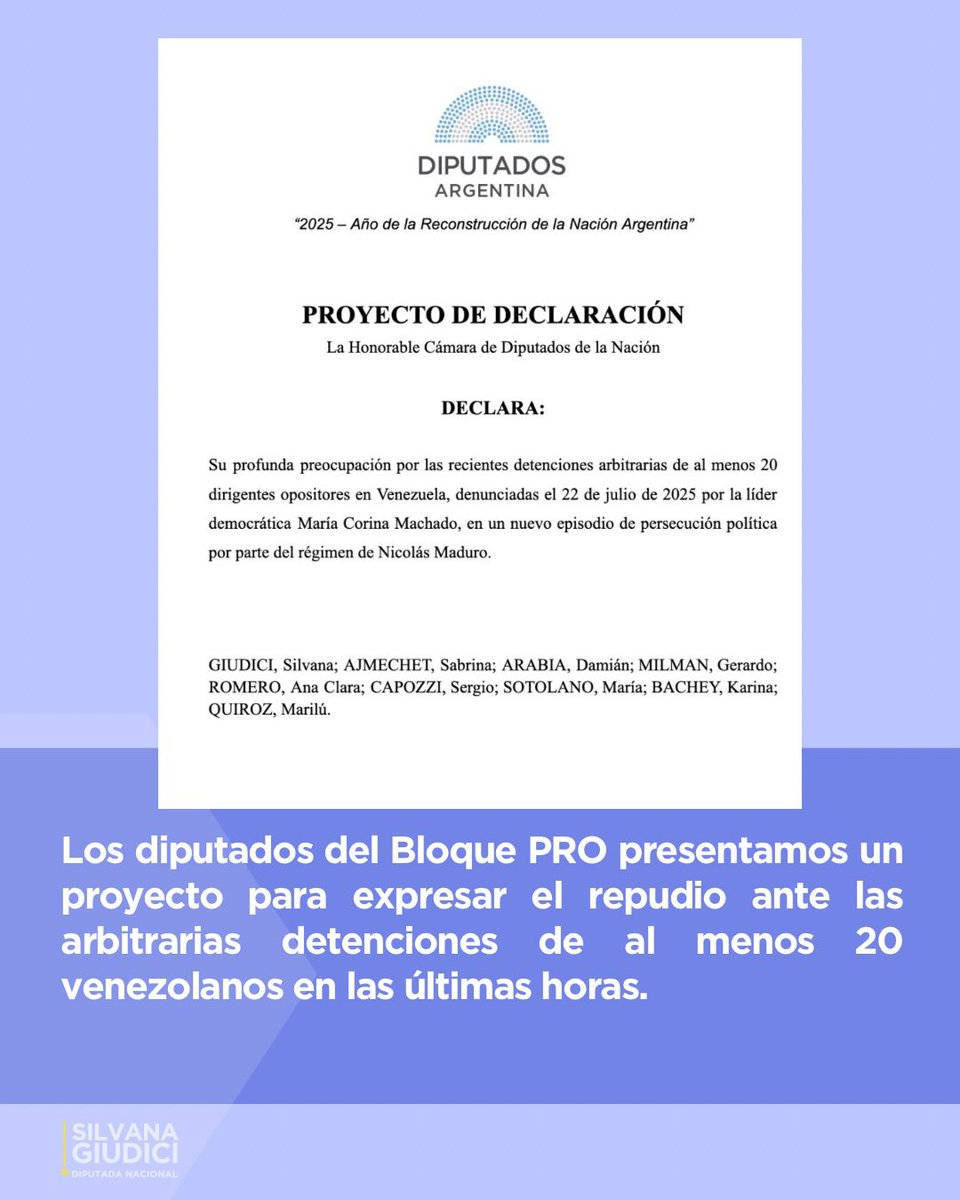 Diputados del bloque PRO presentamos un proyecto para rechazar las arbitrarias detenciones de al menos 20 venezolanos, denunciadas por la líder opositora María Corina Machado.
Nos solidarizamos con quienes luchan por la democracia y la libertad de Venezuela.

<a href="/ajmechet/">Sabrina Ajmechet</a>