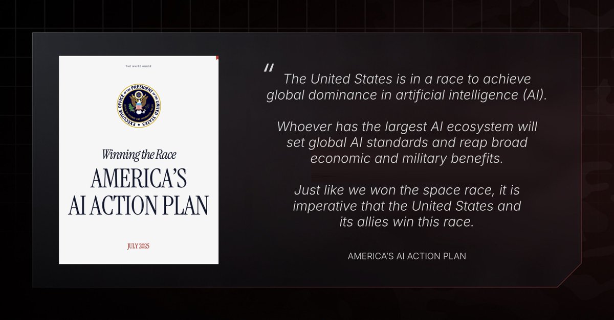 EdgeRunner AI (@edgerunnerai) on Twitter photo We're excited to see the <a href="/WhiteHouse/">The White House</a> release America's AI Action Plan to win the global race. Providing our warfighters with military-specific, air-gapped, on-device AI is critical to winning this race. Read the plan here: whitehouse.gov/wp-content/upl… We're excited to see the <a href="/WhiteHouse/">The White House</a> release America's AI Action Plan to win the global race. Providing our warfighters with military-specific, air-gapped, on-device AI is critical to winning this race. Read the plan here: whitehouse.gov/wp-content/upl…