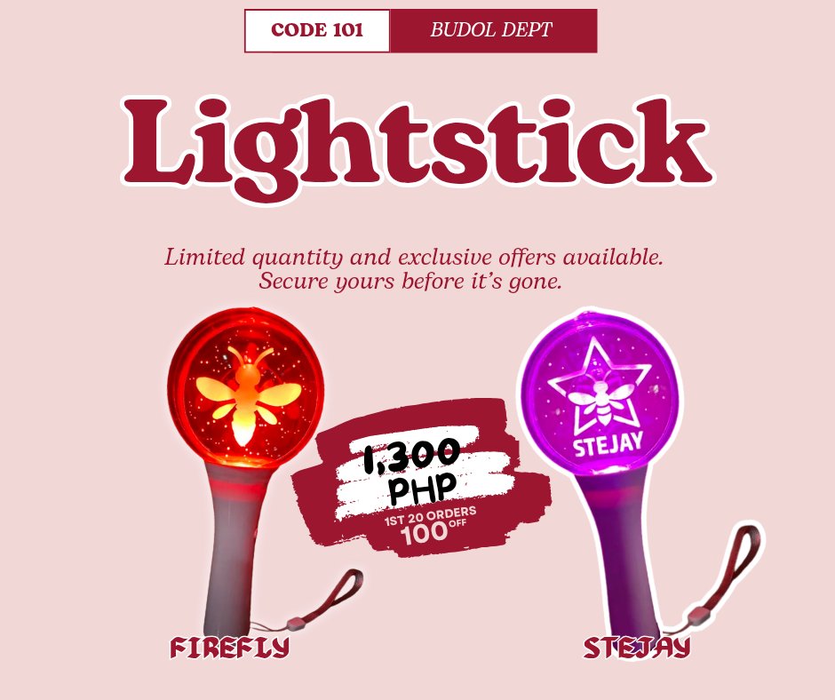 Code_1_0_1's tweet photo. We’re thrilled to open our pre-order list for the Firefly and Stejay Lightsticks!
🎉To celebrate our launch, the first 20 orders for each lightstick will get ₱100 off.

Don’t miss your chance—secure yours now and light up your fandom at the AHOF FanCon on August 30, 2025!

📌 Please fill out the Google Form to place your orders.
https://t.co/9RsCxZ1dzX

NOTE: Shipping fee is not included in the price.