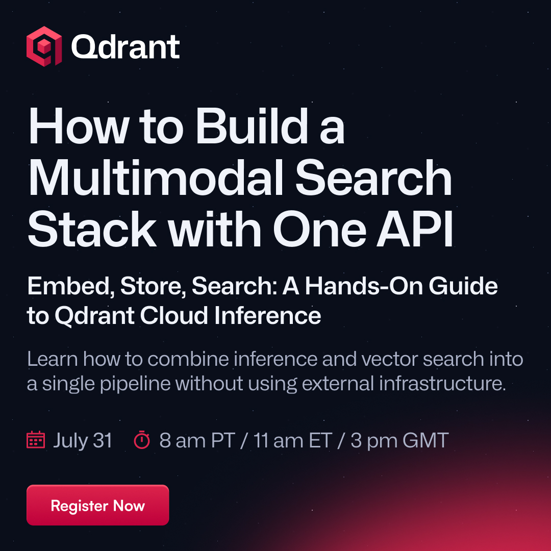 qdrant_engine's tweet image. ๐จ NEW WEBINAR ALERT ๐จ
Learn to embed, store & search with Qdrant Cloud Inference:
๐บText + image embeddings
๐บIndustry-first multimodal search
๐บSingle API, zero glue code
๐บ5M free tokens to start
๐Register now: try.qdrant.tech/cloud-inferencโฆ
