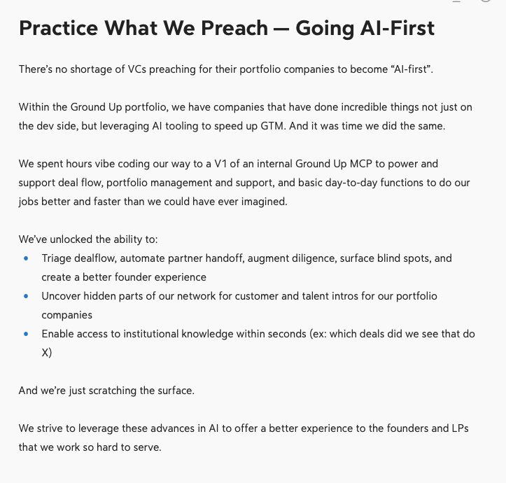 Jordan Odinsky (@jordanodinsky) on Twitter photo AI has changed the way we think about the craft of venture capital and the experience we create for founders and LPs.
In the past two weeks, we've built a custom <a href="/GroundUpVC/">Ground Up Ventures</a> MCP that forever changed the way we operate... and we're just scratching the surface. AI has changed the way we think about the craft of venture capital and the experience we create for founders and LPs.
In the past two weeks, we've built a custom <a href="/GroundUpVC/">Ground Up Ventures</a> MCP that forever changed the way we operate... and we're just scratching the surface.