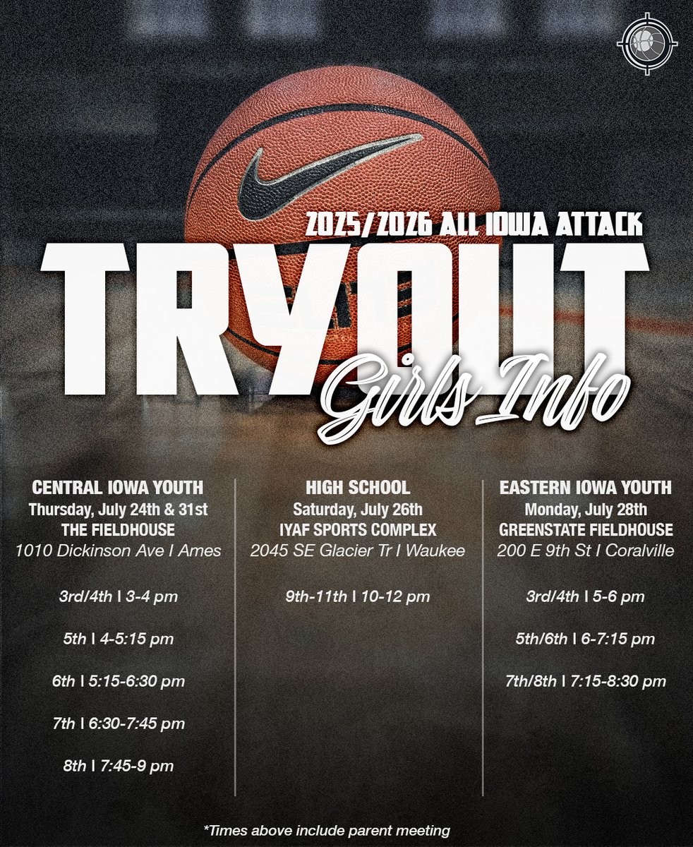 AllIowaAttack's tweet image. ๐๐๐ ๐๐๐ก๐๐ข ๐ฃ๐ก๐จ๐๐ค๐ฃ๐ข โน๏ธโโ๏ธ
Tryouts begin tomorrow. Come be a part of the #AttackFamily
โช๏ธFall/Winter 2025-26 Youth Tryouts
โช๏ธSpring 2026 High School Tryouts
Register online: ow.ly/1lAP50Wu71R