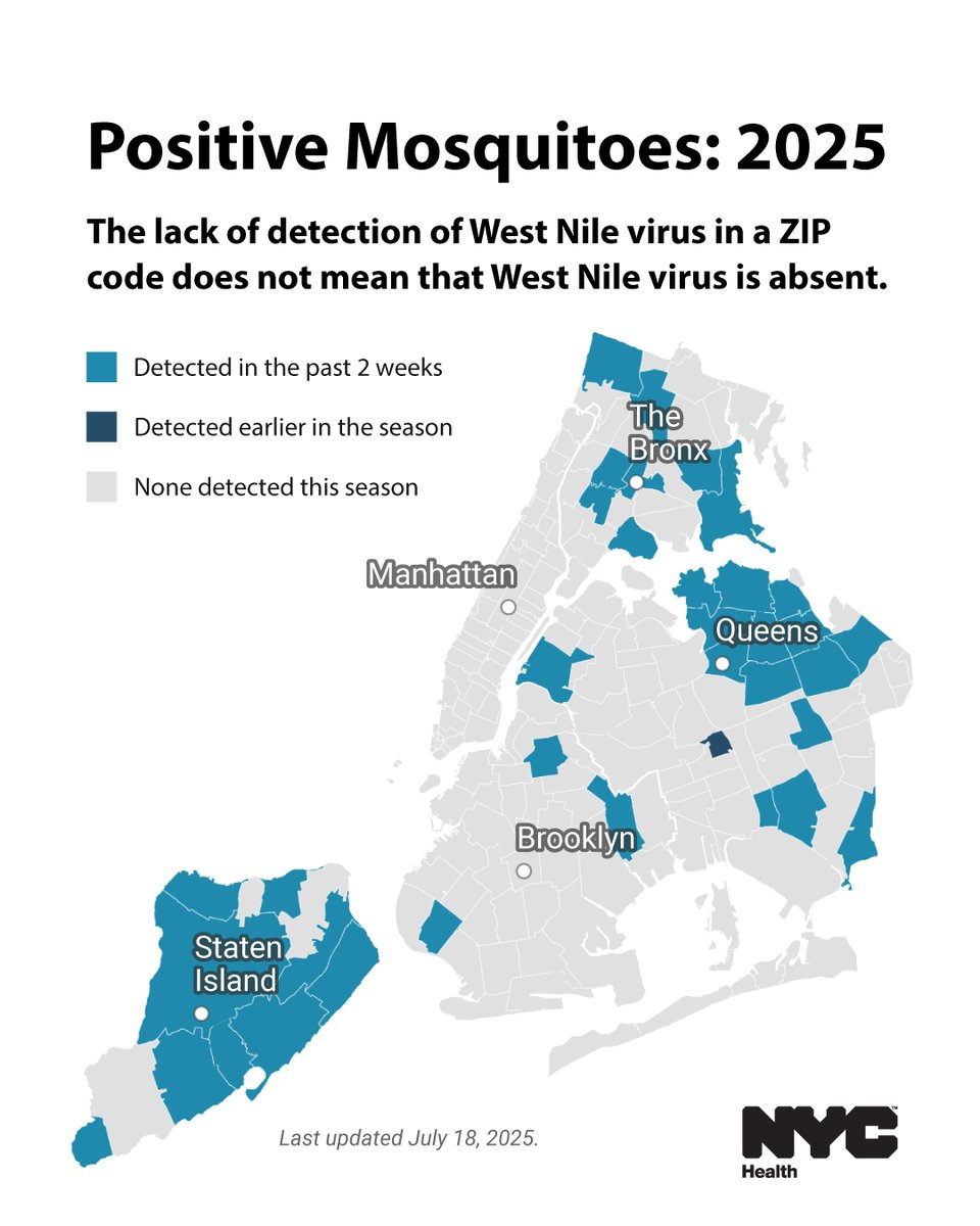 nycHealthy's tweet image. This season, we've found mosquitoes carrying West Nile virus in 36 NYC ZIP codes spanning Queens, the Bronx, Brooklyn, and Staten Island.
With mosquito season in full swing, all New Yorkers should take precautions to avoid mosquito bites: on.nyc.gov/mosquitoes