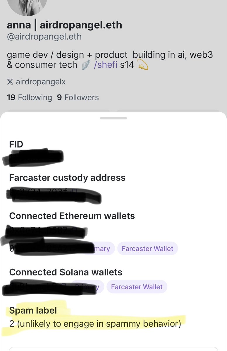 airdropangelx's tweet image. was developing for @farcaster_xyz using @neynarxyz and had to find my FID - while in the ‘about’ section of my farcaster account (go to your profile page, then about) noticed this handy little spam label. if you’re stuck in farcaster jail, may be worth checking out your score!…