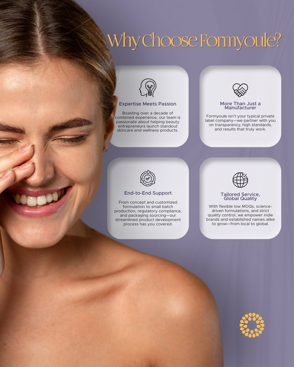 formyouleinc's tweet image. Our formula for success combines over 10 years of expert experience, transparent processes, and unmatched support—from your first idea all the way to production.

#FormyouleInc #PrivateLabel #SkincareDevelopment #BeautyBrand #SkincareInnovation