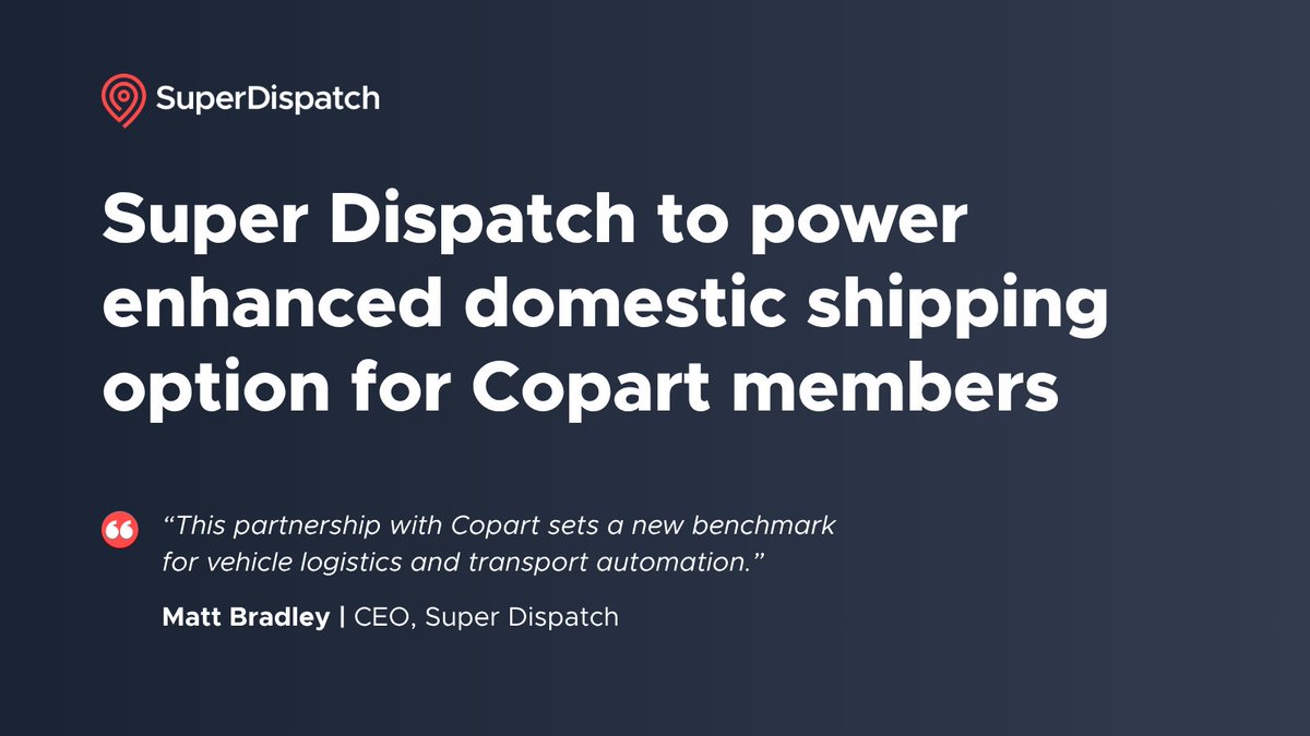 Big news! Super Dispatch is now powering enhanced domestic shipping for Copart – a global leader in online auto auctions – across the U.S.A.🇺🇸

Check out the link for more details!
hubs.li/Q03yv38r0