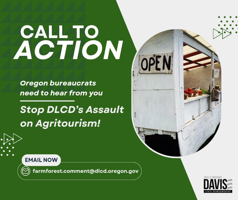 BoshartDavisAg's tweet image. 🚨 URGENT: Stand Up for Oregon’s Family Farms and Rural Businesses! 🚨
The DLCD’s recently proposed farmstand rules threaten countless agricultural livelihoods and the foundation of Oregon agriculture. These sweeping new restrictions risk shutting down beloved agritourism…