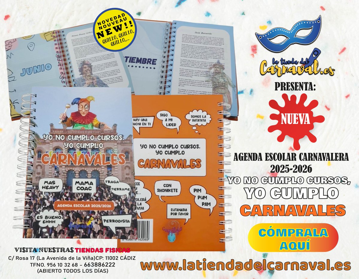 🎉📚 ¡¡NO TE QUEDES SIN LA TUYA!!
Vuelve la agenda escolar más carnavalera:
✨ "YO NO CUMPLO CURSOS, YO CUMPLO CARNAVALES" ✨

✅ Frases míticas y datos del #CarnavalDeCádiz
✅ +100 pegatinas temáticas

📍 C/ Rosa 17 – Cádiz
🛒 👉 latiendadelcarnaval.es

#LaTiendaDelCarnaval