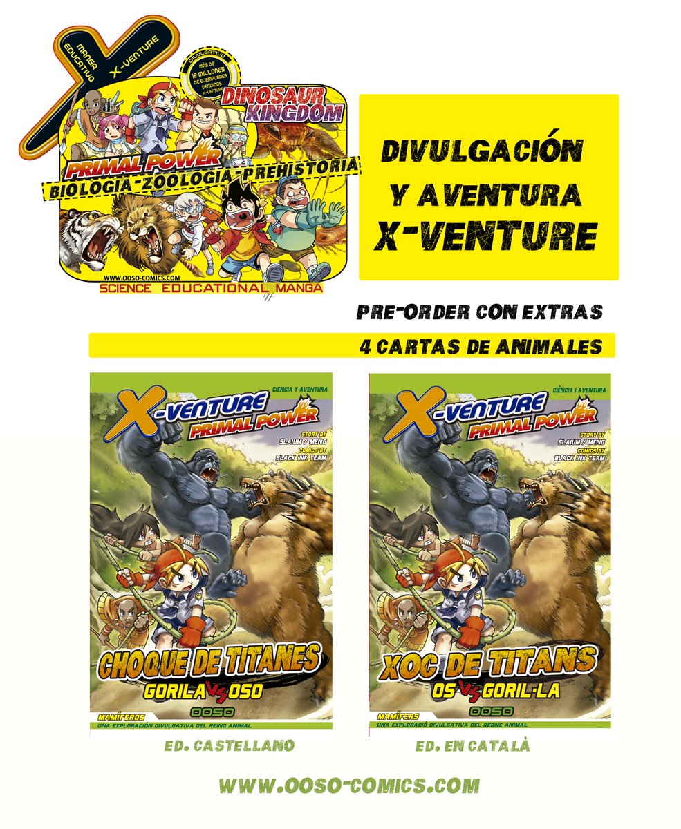 🟢Activada la PRE-ORDER de nuestro #ScienceManga favorito: #XVENTURE, Primal Power 2 🟢 con 4 cartas de animales extras.
😱¿Quién es más fuerte? ¿El oso🐻‍❄️o el gorila🦍?
📗ed.castellano: ooso-comics.com/tienda/
📙ed. #català: ooso-comics.com/edicio-catala/
#Science #divulgación #zoologia