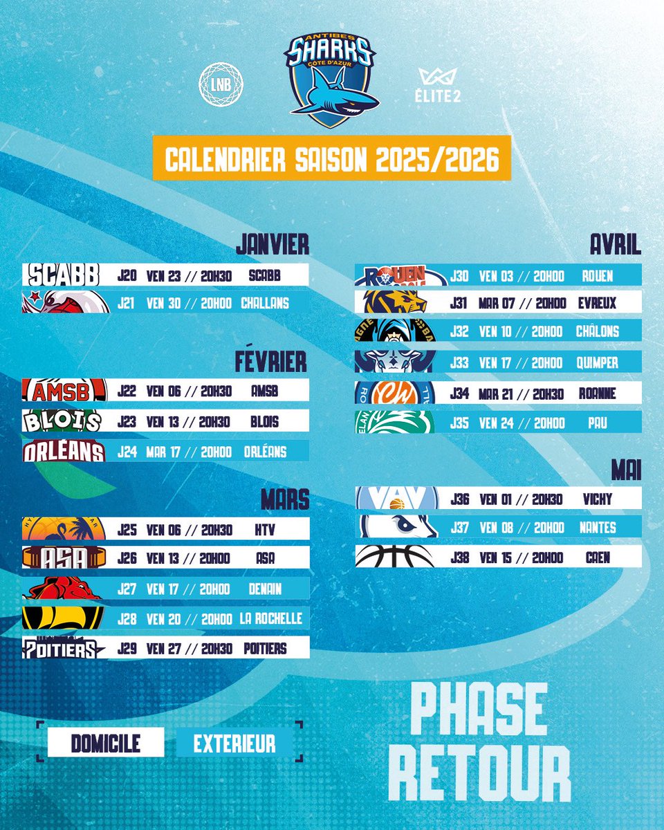 AntibesSharks's tweet image. 🗓️ 𝗖𝗮𝗹𝗲𝗻𝗱𝗿𝗶𝗲𝗿 𝟮𝟬𝟮𝟱/𝟮𝟬𝟮𝟲 🦈
💥 Découvrez le calendrier de la nouvelle saison d’Elite 2 de nos Sharks‼️
✈️ Match d’ouverture du côté de Poitiers le 19/09 ⛹️♂️
🏟️ Première rencontre à l’Azurarena le 26/09 face à Quimper 🐏
🔵 À bientôt à l’Azurarena ⚪️
#GoSharks